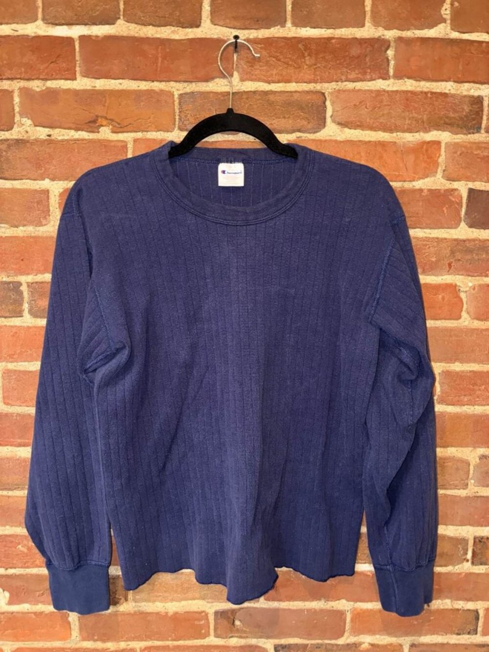 Champion Womens Medium Navy Ribbed Thermal Long Sleeve Shirt - Made in USA, 90s